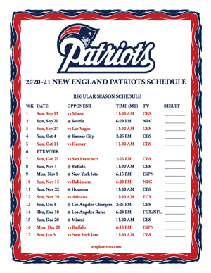 New England Patriots 2020-21 Printable Schedule - Mountain Times