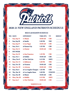 New England Patriots 2020-21 Printable Schedule - Pacific Times