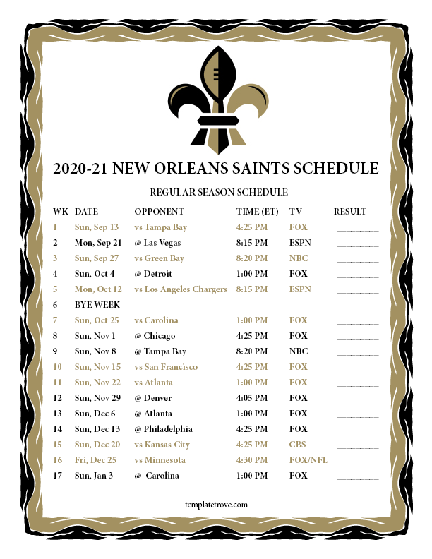 Printable 20202021 New Orleans Saints Schedule