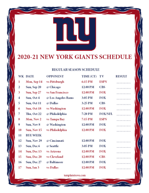 New York Giants 2020-21 Printable Schedule - Central Times