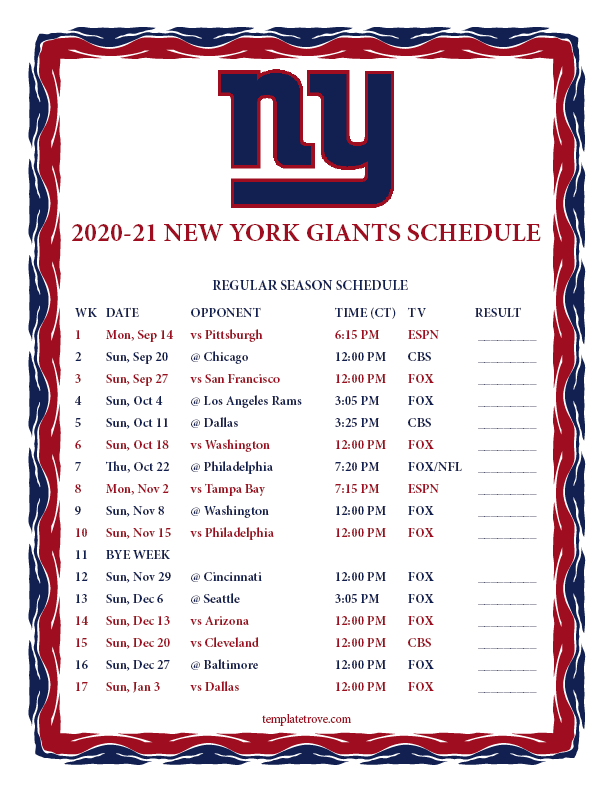Printable 20202021 New York Giants Schedule