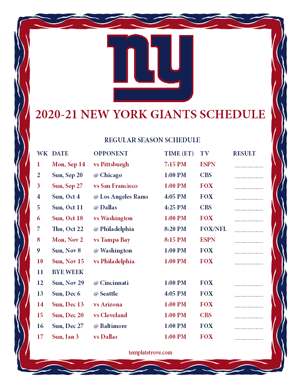 New York Giants 2020-21 Printable Schedule
