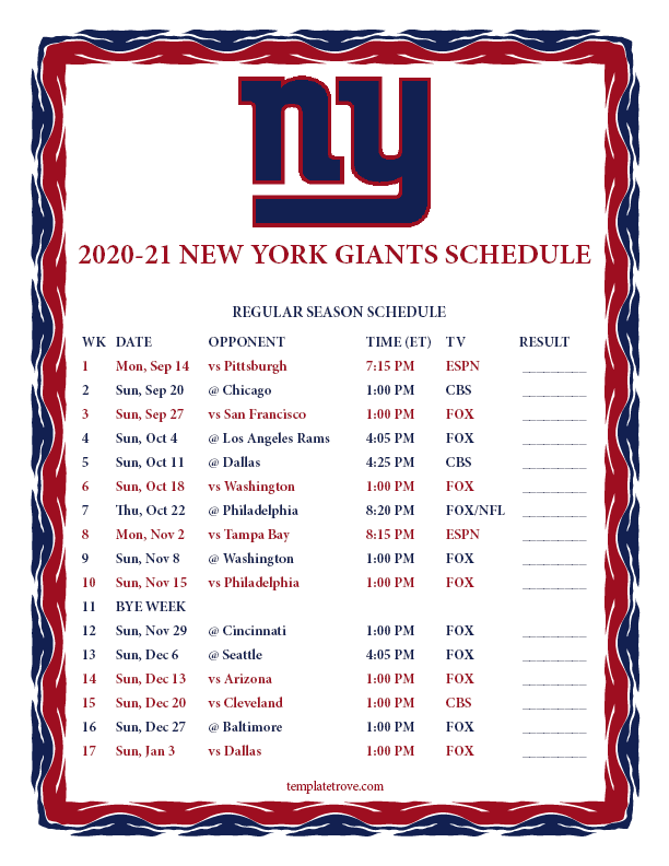 Printable 20202021 New York Giants Schedule