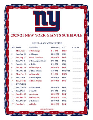 New York Giants 2020-21 Printable Schedule - Pacific Times