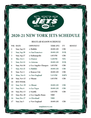 New York Jets 2020-21 Printable Schedule - Pacific Times