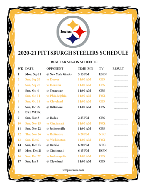 Pittsburgh Steelers 2020-21 Printable Schedule - Mountain Times
