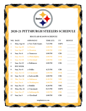 Pittsburgh Steelers 2020-21 Printable Schedule
