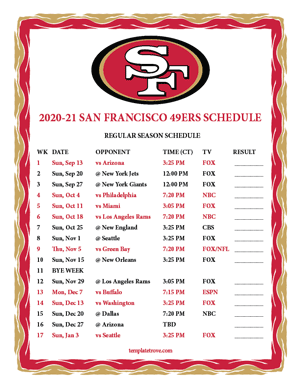 San Francisco 49ers 2020-21 Printable Schedule - Central Times