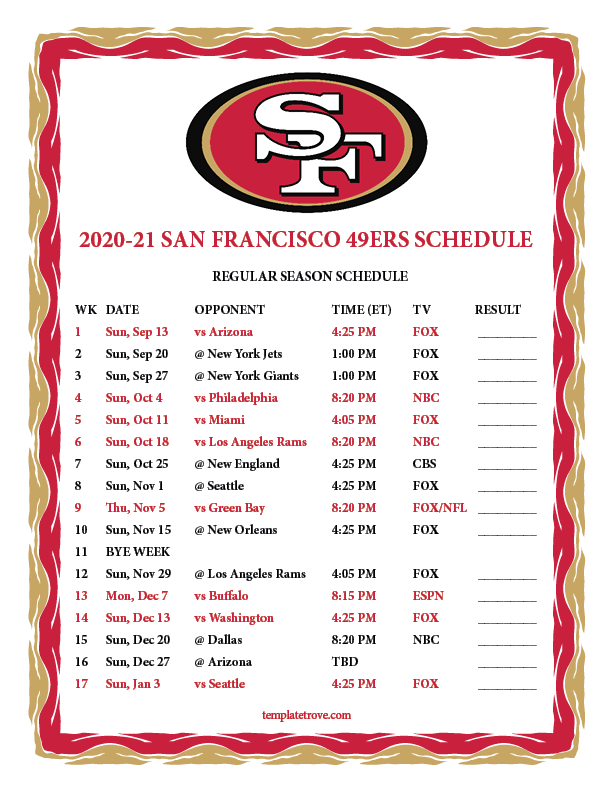 Printable 20202021 San Francisco 49ers Schedule