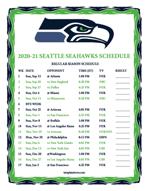 Seattle Seahawks 2020-21 Printable Schedule