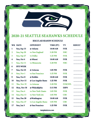 Seattle Seahawks 2020-21 Printable Schedule - Pacific Times