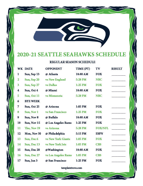 14+ Seattle Seahawks Schedule 2021 Printable Background