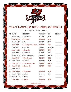 Tampa Bay Buccaneers 2020-21 Printable Schedule - Pacific Times