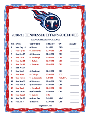 Tennessee Titans 2020-21 Printable Schedule - Central Times