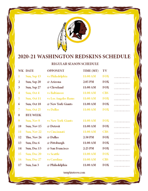 Washington Redskins 2020-21 Printable Schedule - Mountain Times