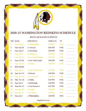 Washington Redskins 2020-21 Printable Schedule