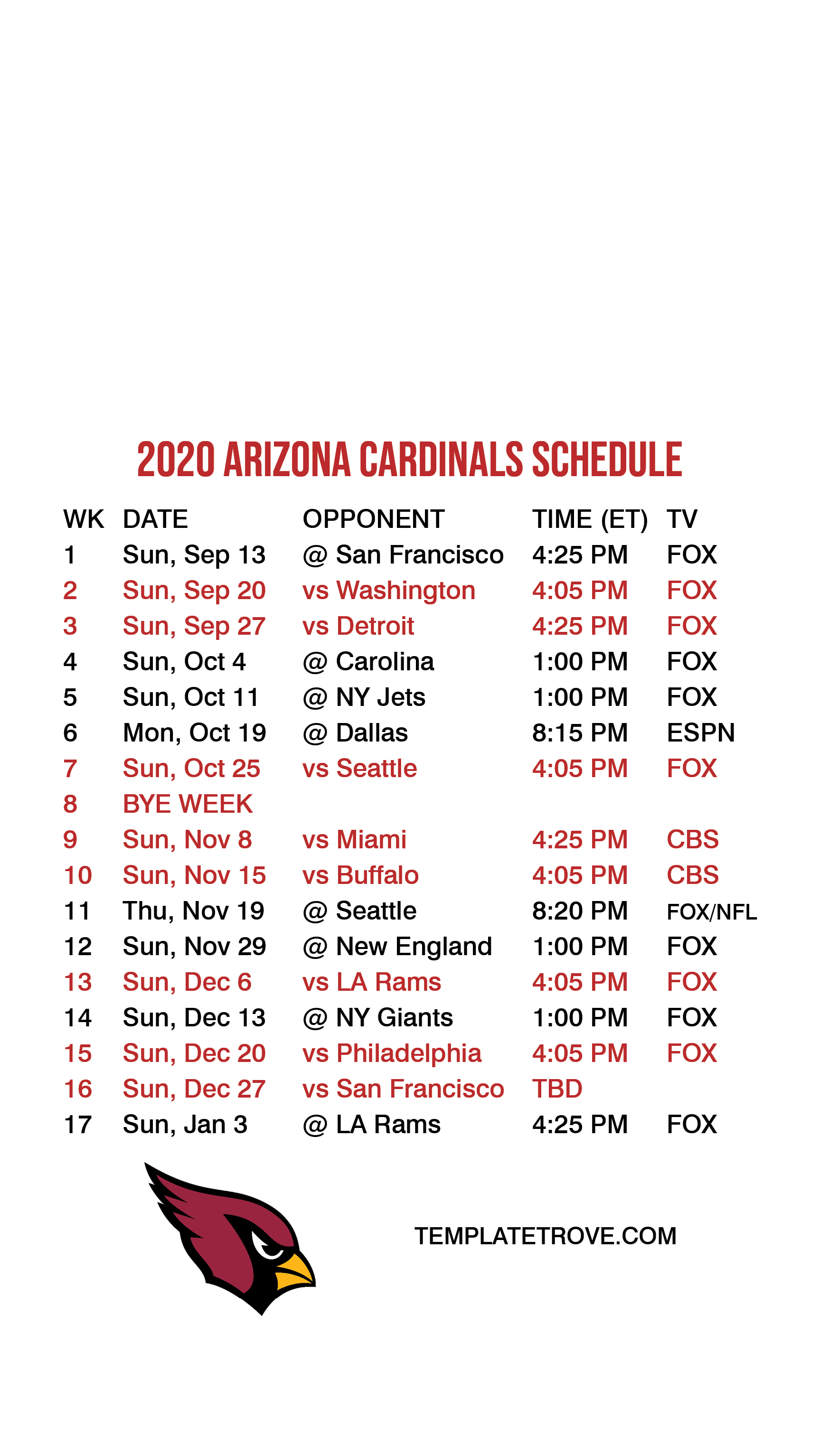 2020-2021 Arizona Cardinals Lock Screen Schedule for iPhone 6-7-8 Plus