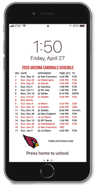 2020 Arizona Cardinals Lock Screen Schedule