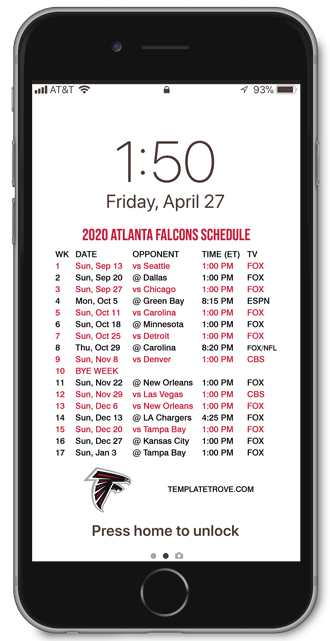 2020 Atlanta Falcons Lock Screen Schedule