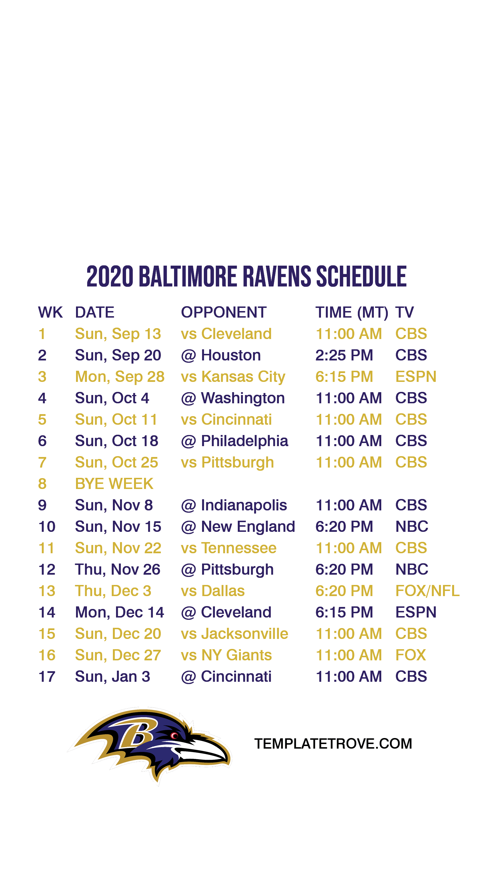 baltimore ravens printable schedule
