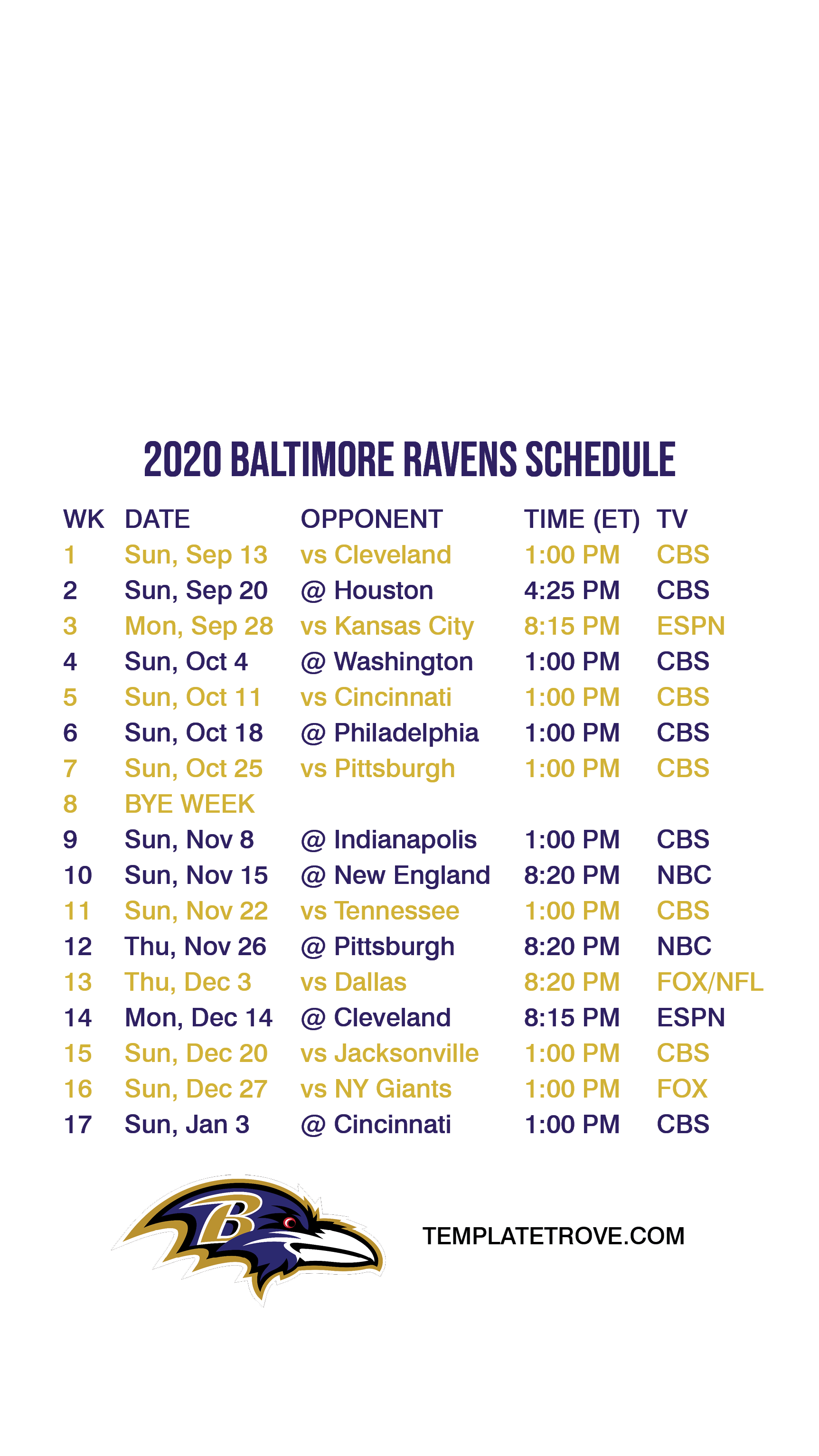 2020-2021 Baltimore Ravens Lock Screen Schedule for iPhone 6-7-8 Plus