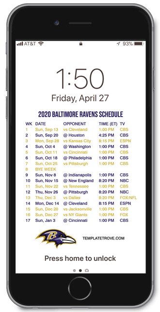 2020 Baltimore Ravens Lock Screen Schedule
