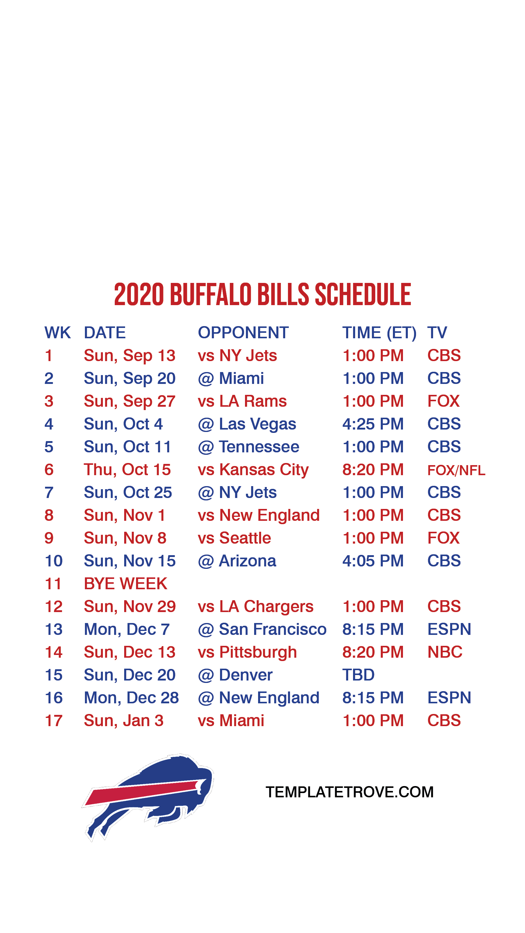Buffalo Bills Printable Schedule