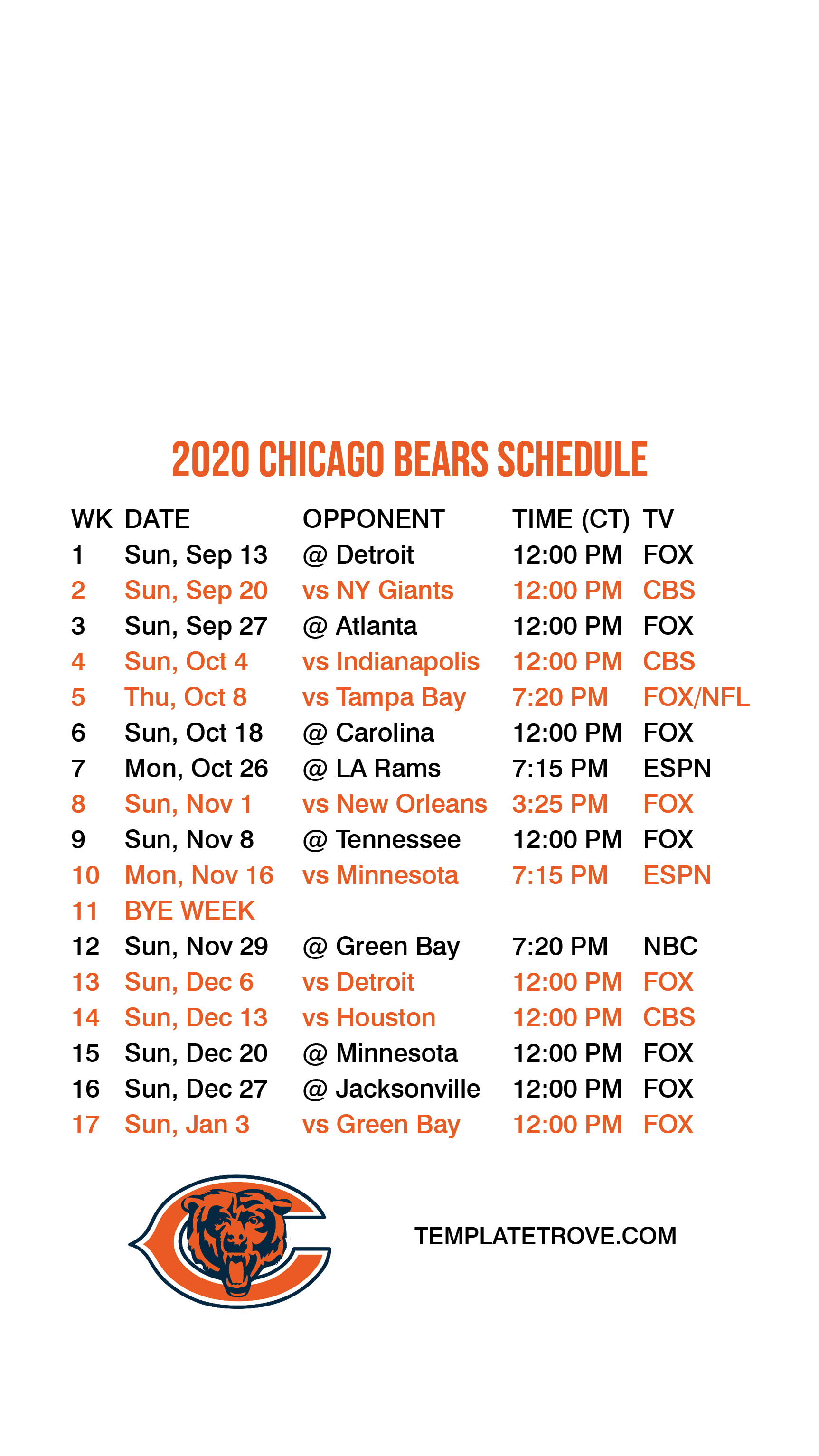 Chicago Bears Schedule 2021 Printable