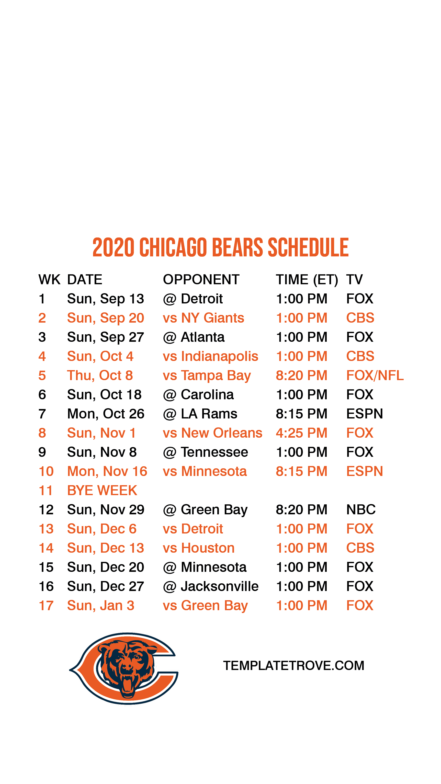 bears regular season schedule
