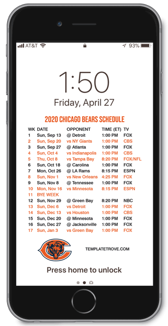 2020 Chicago Bears Lock Screen Schedule