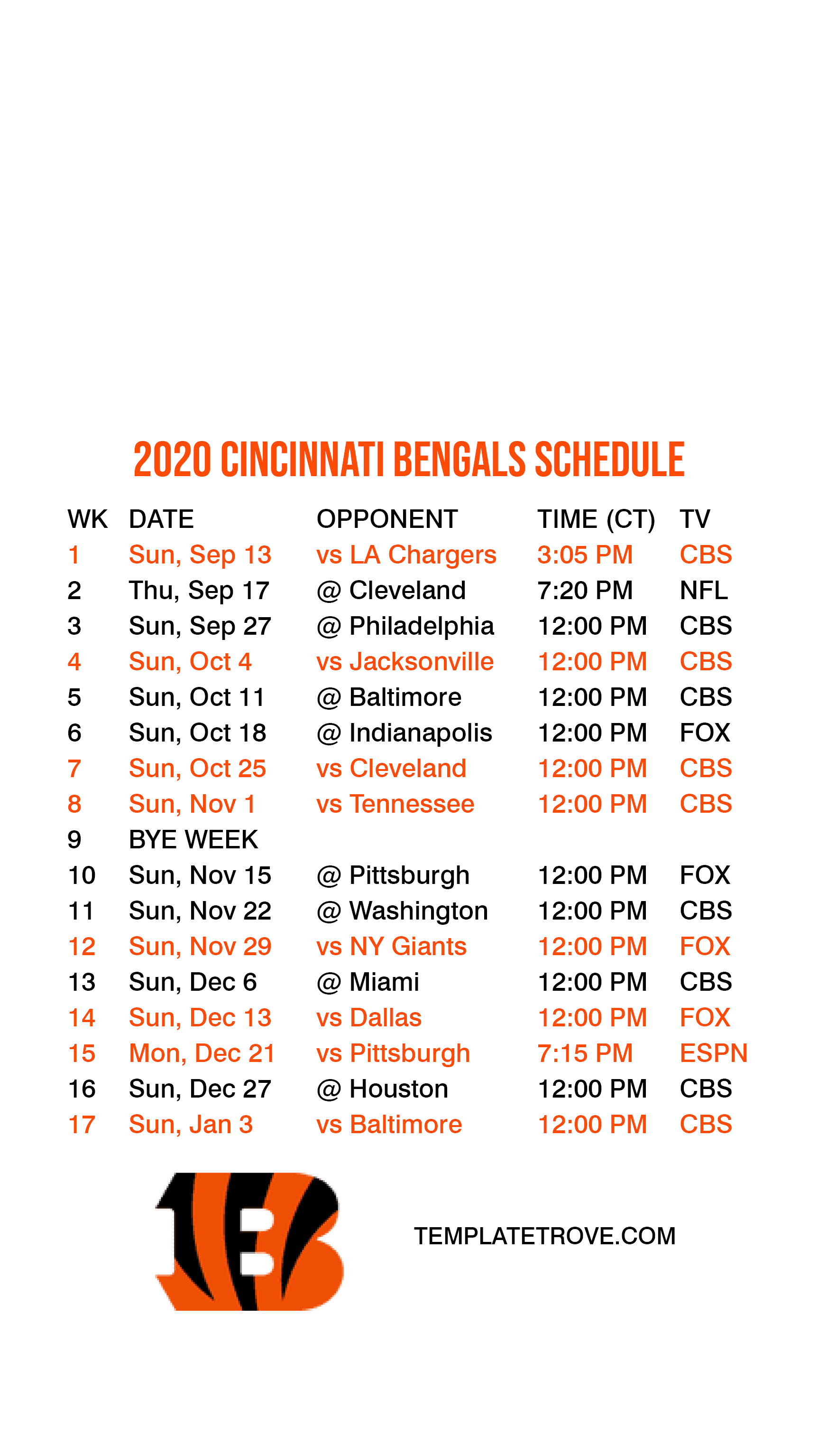 2020-2021 Cincinnati Bengals Lock Screen Schedule for iPhone 6-7-8 Plus