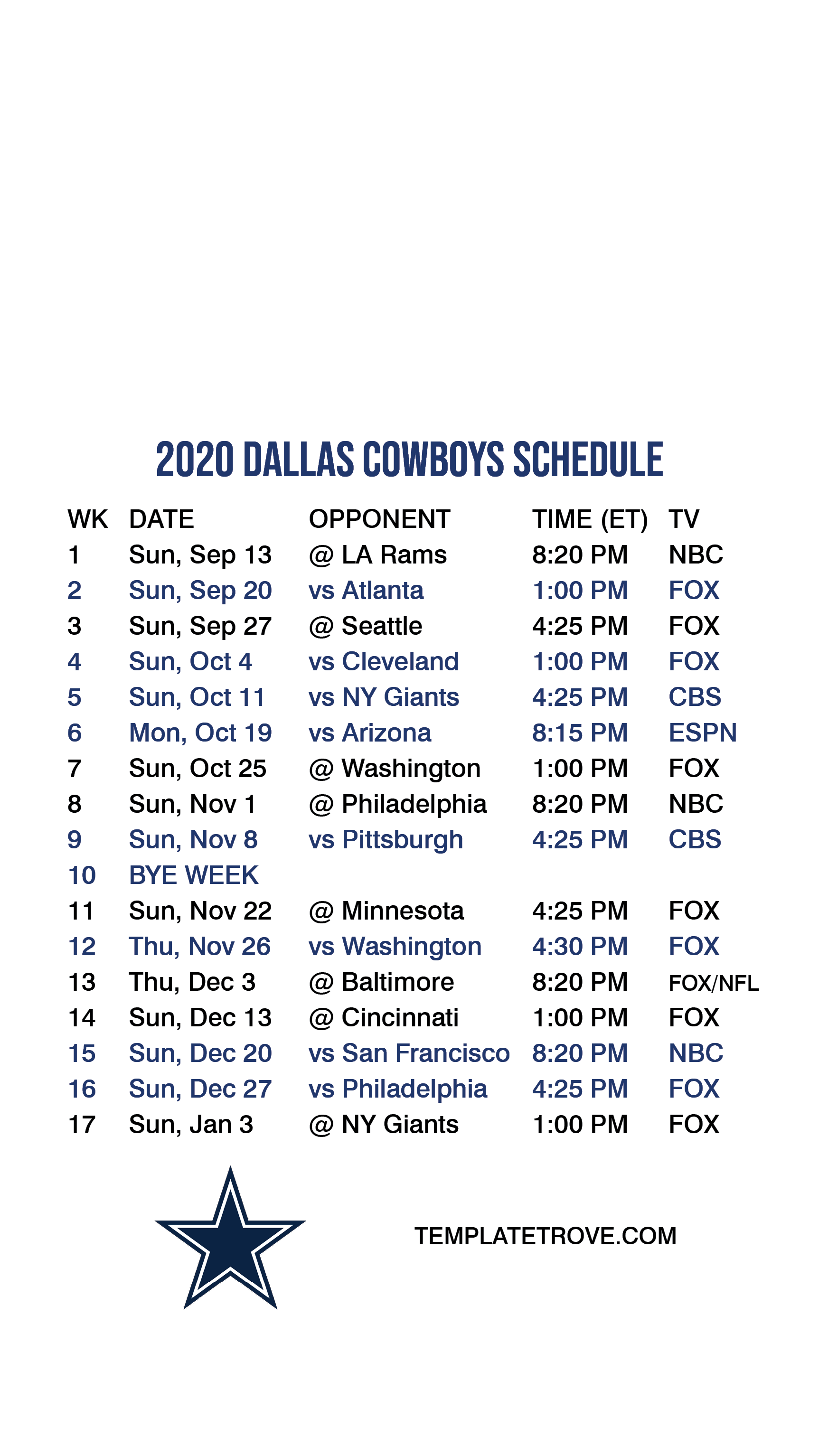 Printable Dallas Cowboys Schedule 2021-2022
