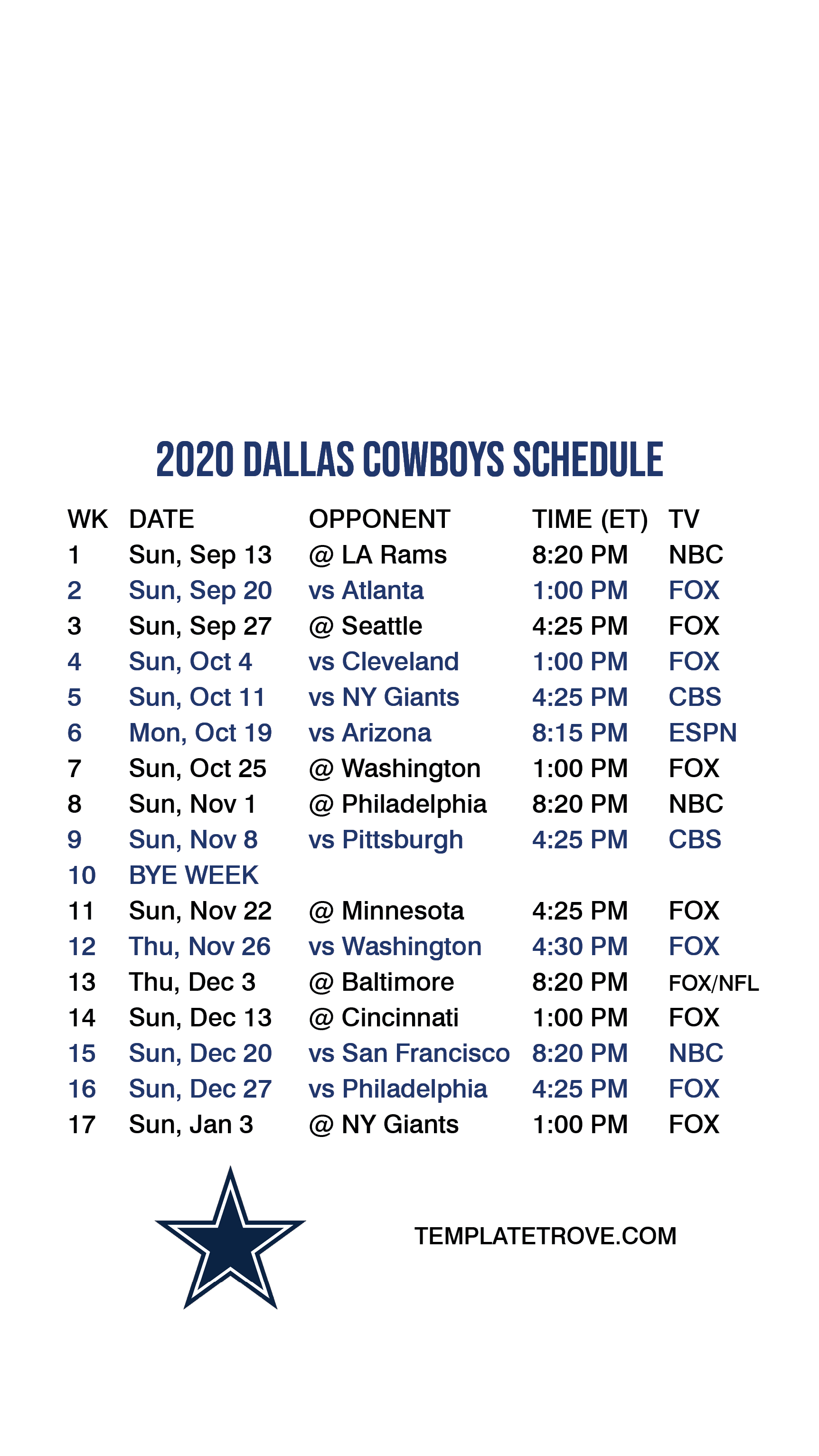 Printable Dallas Cowboys Schedule 2021 2022 50 Dallas Cowboys 2016