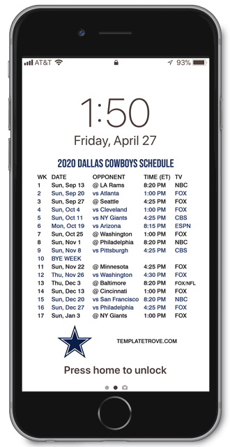2020 Dallas Cowboys Lock Screen Schedule