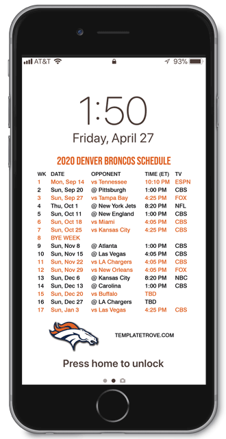 2020 Denver Broncos Lock Screen Schedule