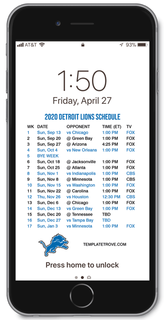 2020 Detroit Lions Lock Screen Schedule
