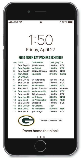 2020 Green Bay Packers Lock Screen Schedule