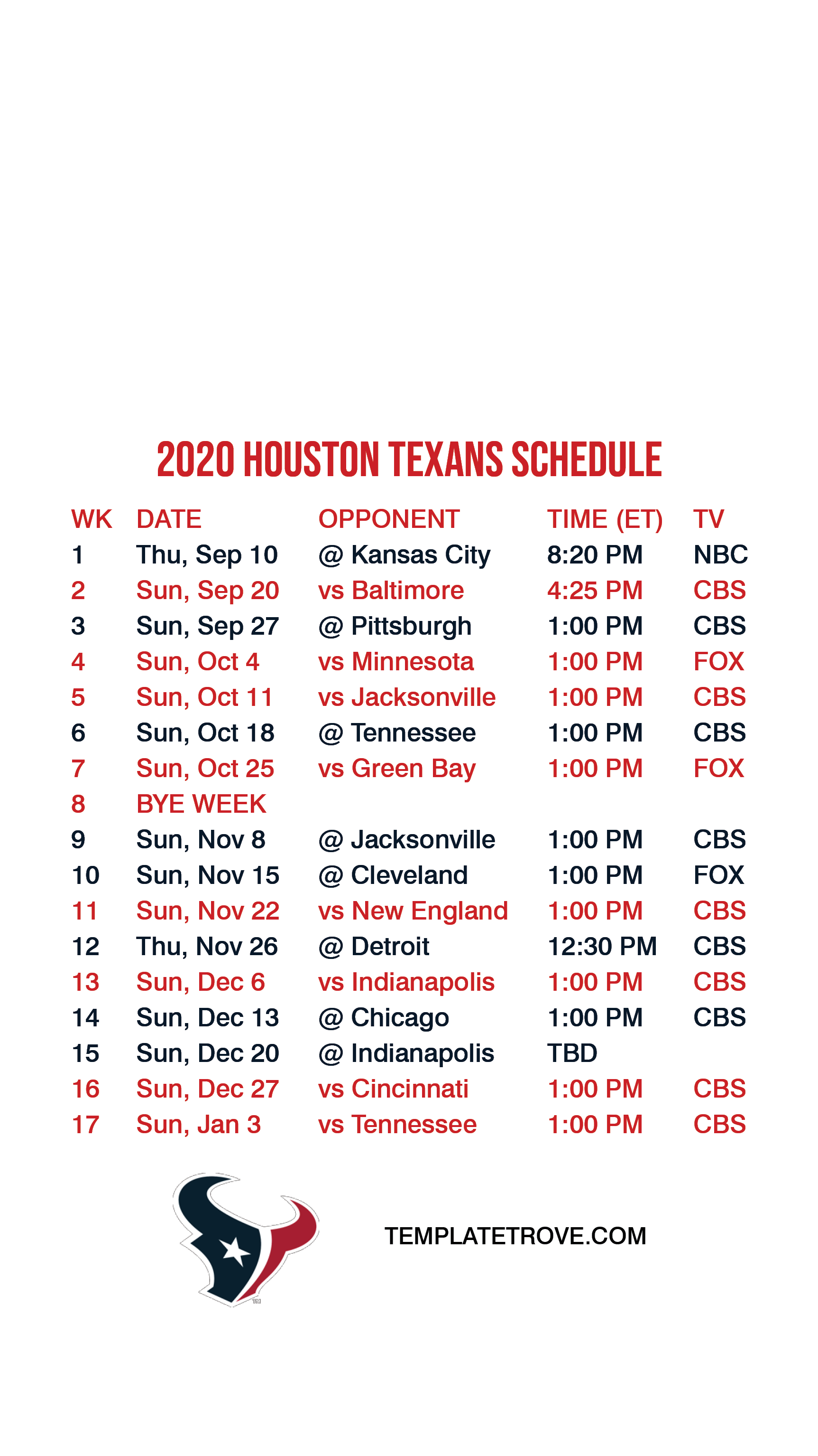 2020-2021 Houston Texans Lock Screen Schedule for iPhone 6-7-8 Plus
