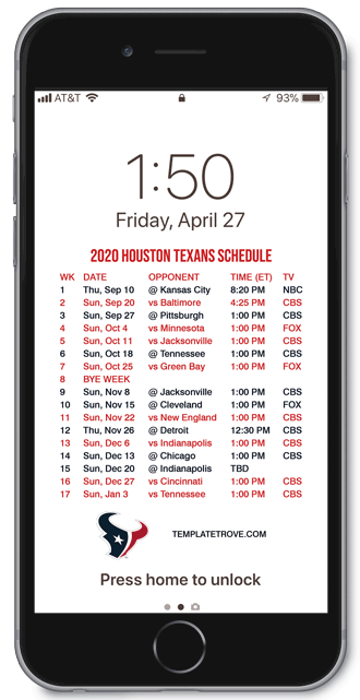 2020 Houston Texans Lock Screen Schedule