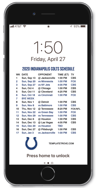 2020 Indianapolis Colts Lock Screen Schedule