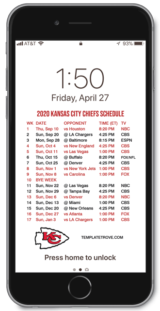2020 Kansas City Chiefs Lock Screen Schedule