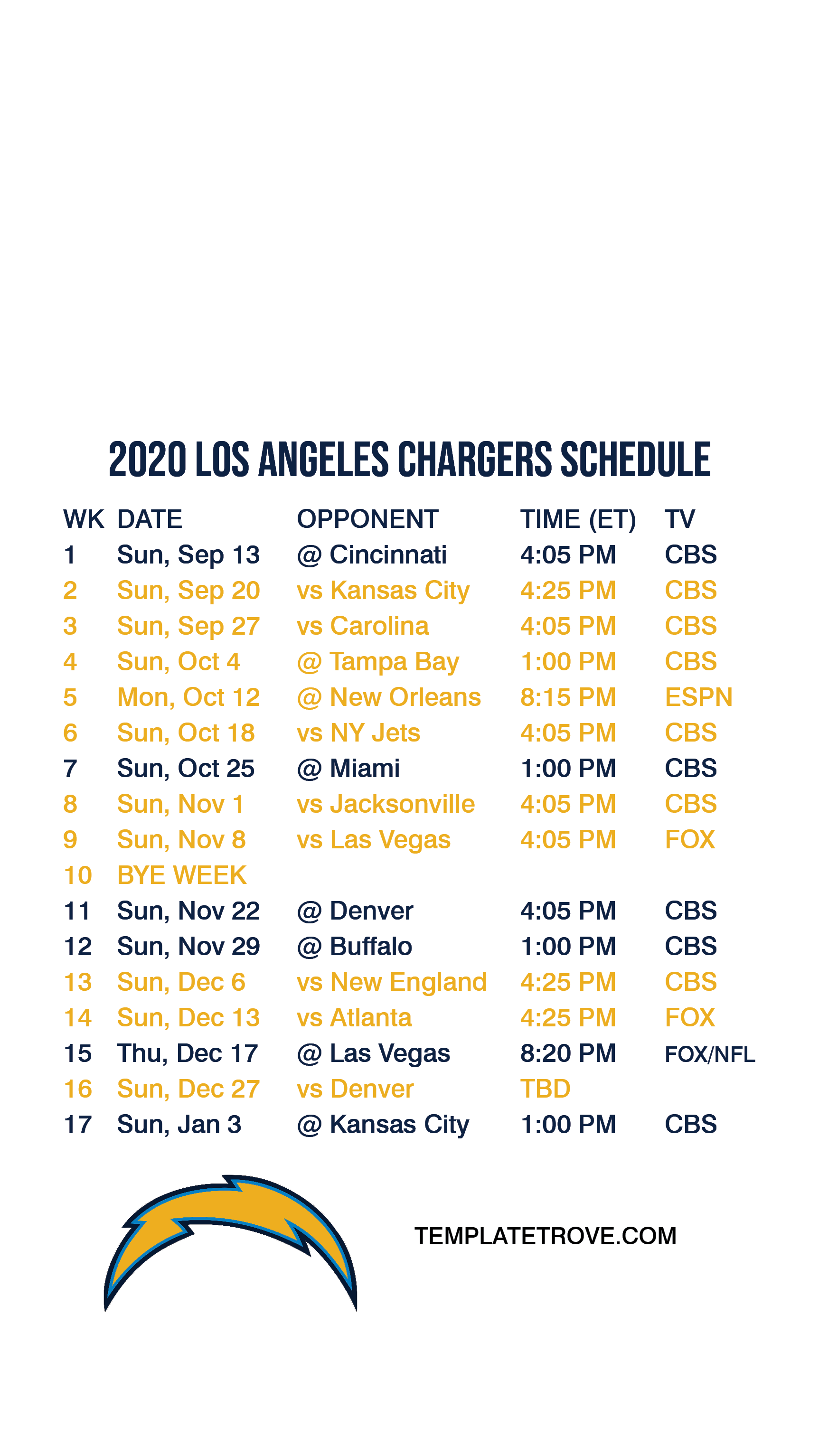 la chargers home schedule