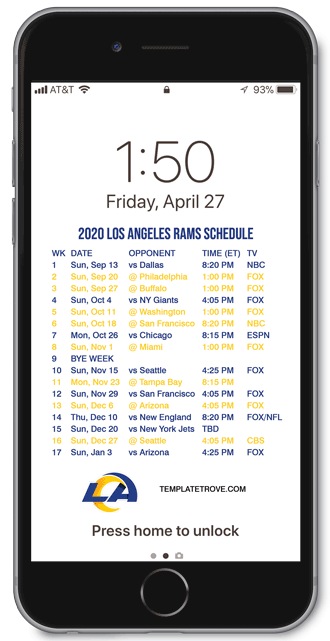 2020 Los Angeles Rams Lock Screen Schedule