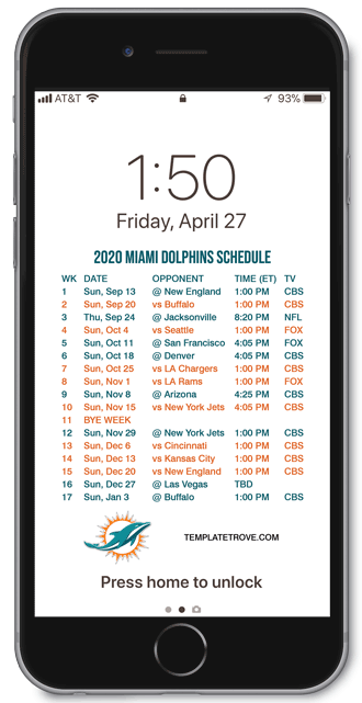 2020 Miami Dolphins Lock Screen Schedule