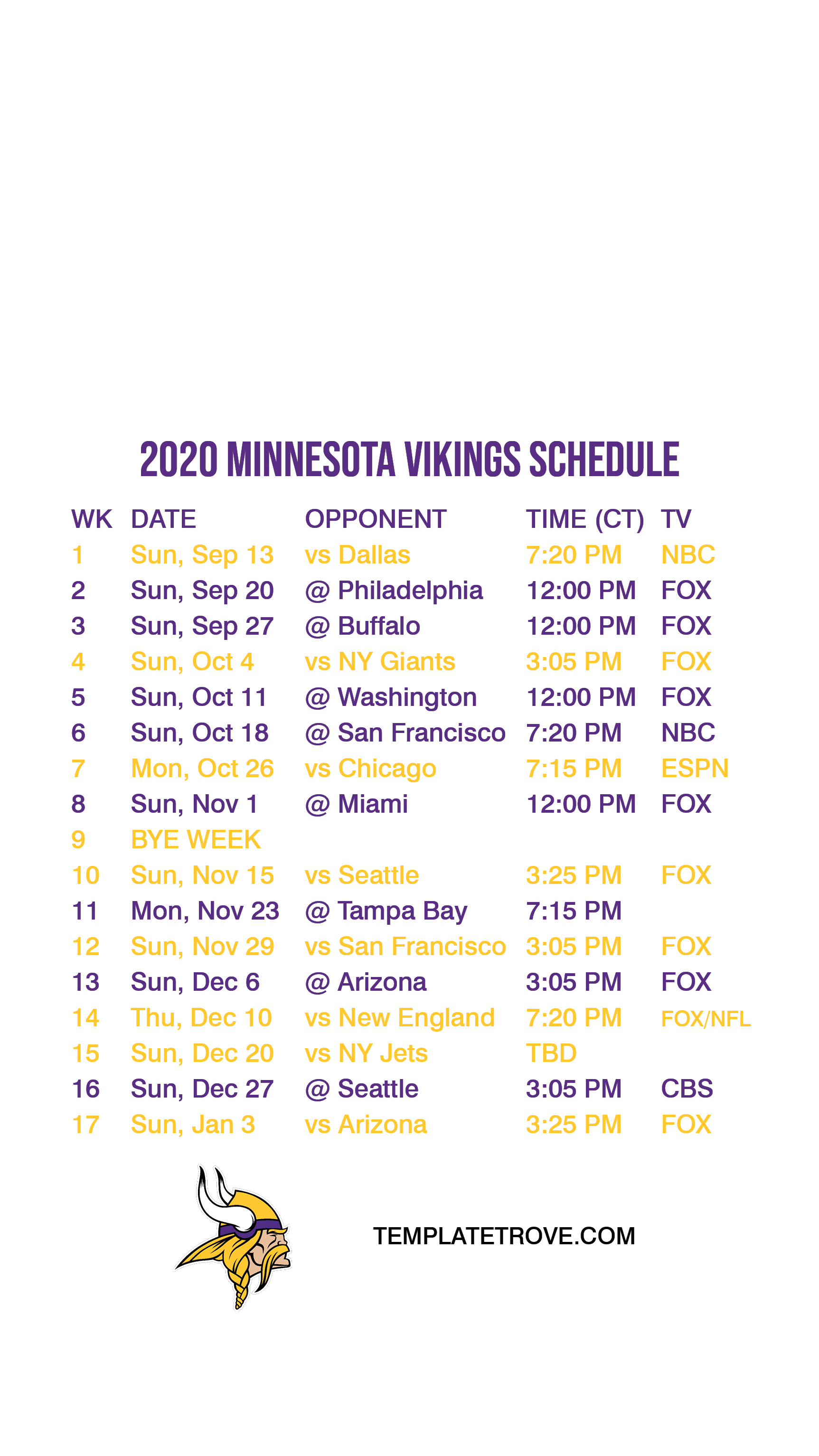 2020-2021 Minnesota Vikings Lock Screen Schedule for iPhone 6-7-8 Plus
