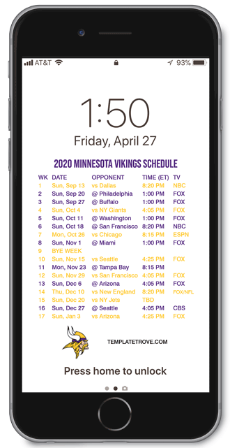 2020 Minnesota Vikings Lock Screen Schedule