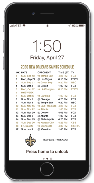 2020 New Orleans Saints Lock Screen Schedule
