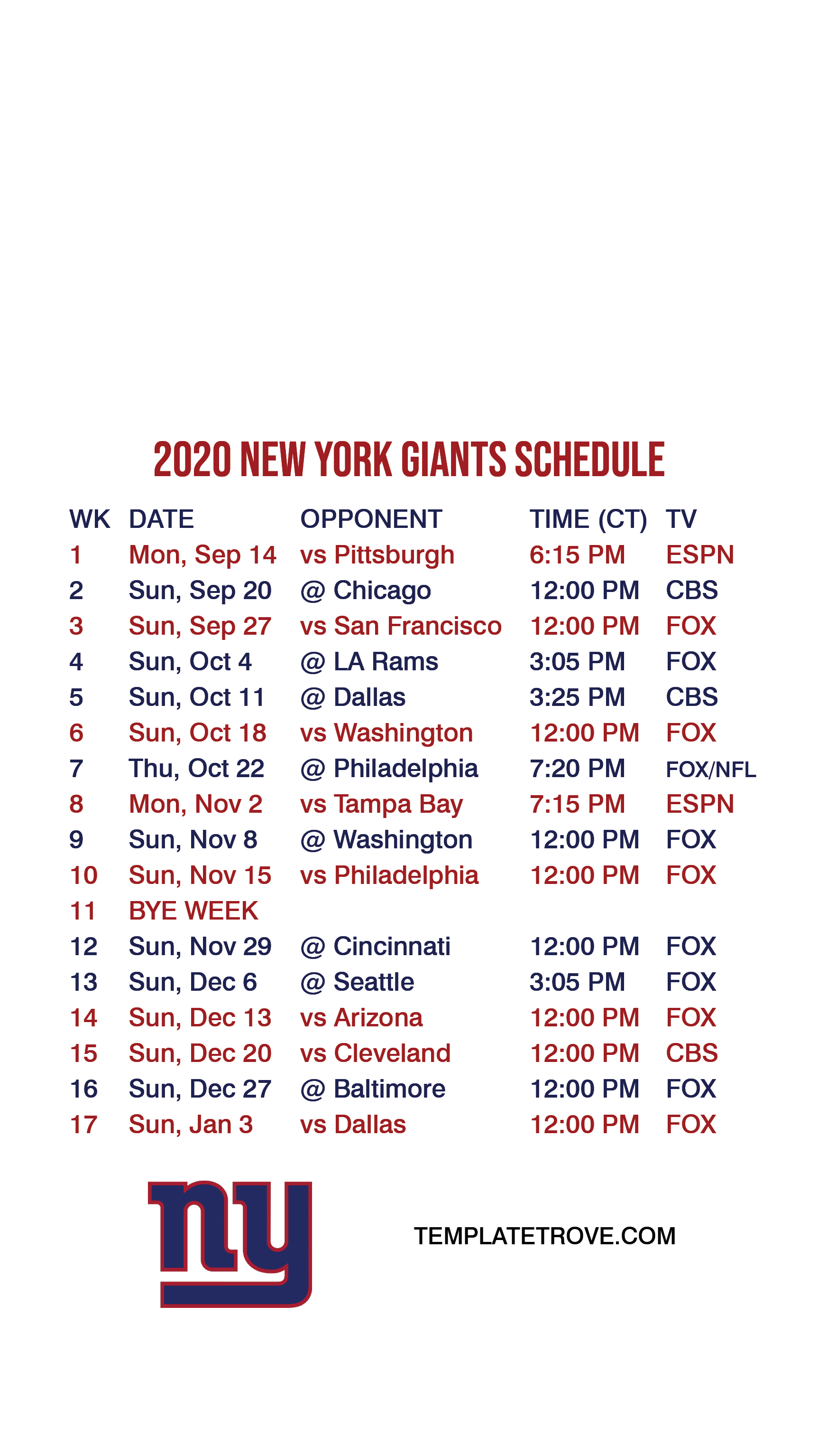 2020-2021 New York Giants Lock Screen Schedule for iPhone 6-7-8 Plus
