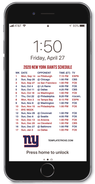 2020 New York Giants Lock Screen Schedule