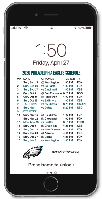 2020 Philadelphia Eagles Lock Screen Schedule